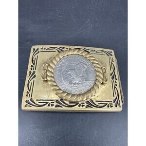 Vintage Brass Belt Buckle American Eagle Silver Dollar Style BBB Taiwan